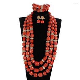 Necklace Earrings Set Fantastic 3 Layers African Nigerian Wedding Coral Beads Luxury Bridal Statement CNR912