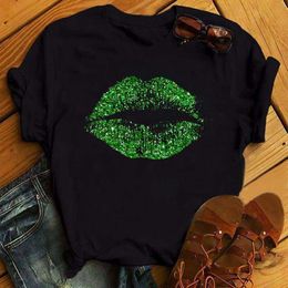 Women's T-Shirt Female T shirt Cute Sexy Green Lips Kiss Print Harajuku Lady Tshirt Summer 90s Clothing Black White T shirt Women Tops P230510