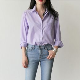 Women's Blouses Shirts Spring Blouse Striped Turndown Collar Office Lady Tops Full Sleeve Light Purple Fashion Female blusas 230510