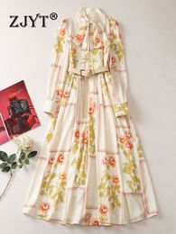 Runway Fashion Spring Summer Long Sleeve Dresses for Women 2023 Elegant Floral Print Maxi Holiday Vestidos Bow Collar Robe