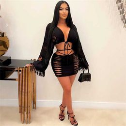 Two Piece Dress Tassel Knitted 2 Piece Skirt Sets Women Sexy V Neck Long Sleeve Lace Up Crop Tops Hollow Out Bodycon Mini Skirts Beach Outfits T230510
