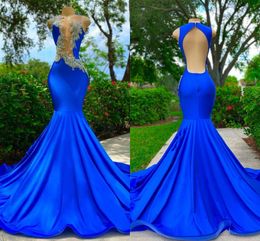 Sexy Royal Blue Mermaid Prom Dresses for Women Plus Size O Neck Beaded Crystals Satin Pleats Backless Draped Special Occasion Formal Evening Party Pageant Gowns