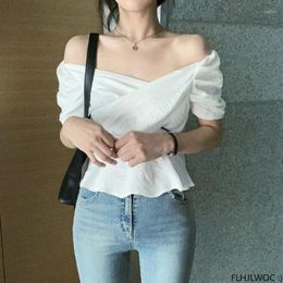 Women's Blouses Short Korea Chic Peplum Tops Blusas 2023 Women FLHJLWOC Slim Waist Belly Design Ruffled V Neck Solid Sexy Black White