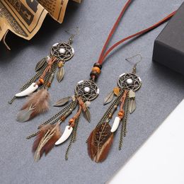 Necklace Earrings Set Bohemia Retro Women's Dream Catcher Long Tassel Sets Alloy Leaf Pendant Brown Feather Kolczyki Vintage Jewelry