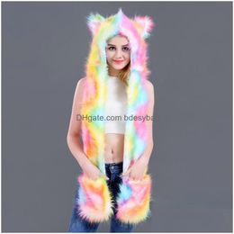 Bandanas 2022 Faux Fur Hood Animal Hat Ear Flaps Hand Pockets 3 In1 Wolf Plush Warm Earmuff Cap With Scarf Gloves Drop Delivery Fash Dhdft