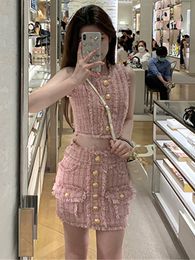 Two Piece Dress Small Fragrant Summer Fashion Tweed 2 Set For Women Korean Single Breasted Sleeveless Tops High Waist Bodycon Mini Skirt 230509