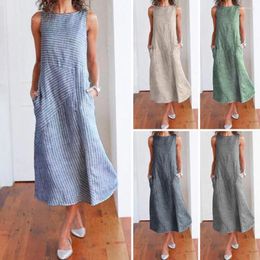 Casual Dresses Women Summer Dress Striped Patchwork Sleeveless O-neck Lady Loose Dress-up Pockets A-line Midi Clothes