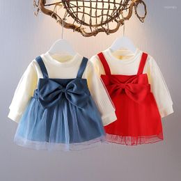 Girl Dresses Baby Girls Princess Fashion Patchwork Bow Decor O-Neck Children A-Line Dress Korean Sweet Cute Kids Clothing For 1-4Y