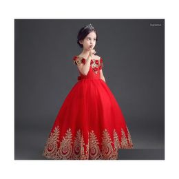 Girl'S Dresses Girl Red Formal Floor Length Flower Dress With Gold Applique Lace Long Princess Brithday 3D Flowers Kids Ball Gown Dr Dhmhk