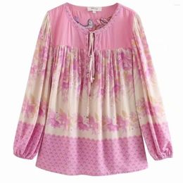 Women's Blouses Ruffles Sleeve Loose Boho Shirts Women Rayon Cotton Beach Bohemian Pink Floral Print Embroidery Blouse Shirt