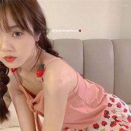 Women's Sleepwear Pink Summer Pajamas Set Women Bow Spaghetti Strap Tops Strawberry Print Shorts Two Piece Homewear Kawaii