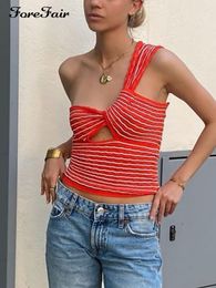 Women's Tanks Camis Forefair Stripe Knitted Top Tank Y2k Hollow Out Fashion Summer One Shoulder Sleeveless Sexy Women Crop Tops Casual Vintage 230510