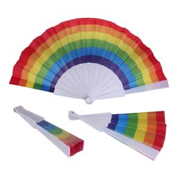 23 cm faltbarer spanischer Regenbogen-Stolz-Handfächer im Festival-Stil, Tanz, Hochzeit, Party, Stoff, faltbar