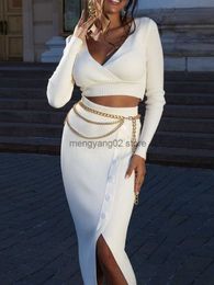 Two Piece Dress Tossy V-Neck Crop Top ANd Midi Skirt Sets Autumn Wrap Slim Bodycon Casual 2 Piece Sets Dress Outfits Women's Knitted Suit 2022 T230510