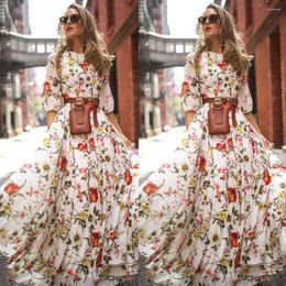 Casual Dresses Women Boho Floral Maxi Dress Crew Neck White 3/4 Sleeve Draped High Waist Party Evening Summer Beach Csual Ladies Sundress