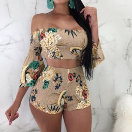Women's Tracksuits Women Fashion Printed Off-Shoulder Bell Sleeve Strapless Top & Short Pant Sexy Two Piece Set