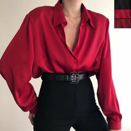 Womens Blouses Shirts Women Button Turn Down Collar Office Lady Long Sleeve Casual Blouse Loose OL Shirt Baggy Tops RedWine Red Black 230509