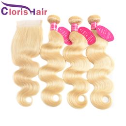 Platinum Blonde Wavy Human Hair Weave 3 Bundles With Lace Closure #613 Body Wave Brazilian Virgin Blond Extensions And 4x4 Top Closures Piece