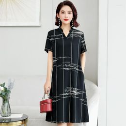 Casual Dresses Short Sleeve Cotton Vintage Stripe For Women 2023 Loose Long Woman Summer Dress Elegant Black Sundress