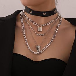 Chains Layered Chain Necklace Neck Key Lock Letter Pendant Jewellery For Women Punk Rivet Choker Padlock Goth Accessories