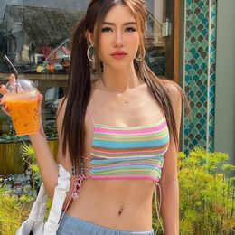 Women's Tanks Lace-up Halter Fashion Trend Summer Rainbow Knitted Tank Tops for Women Sleeveless Hollow Out Sweater Top Cropped Casual Outfits