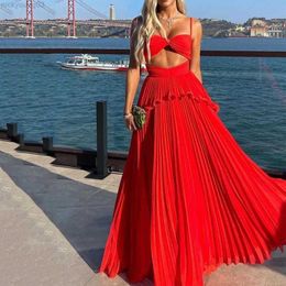 Party Dresses Ellafads Women Maxi Dress Fashion Solid Suspender Sleeveless V Neck Open Waist Slim Backless Pleated Evening Dresses Streetwear Y23