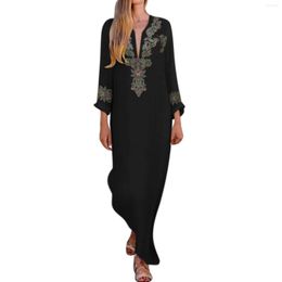 Casual Dresses For Women Evening Party Boho Print Dress V Neck Big Swing Long Sleeve Maxi Elegant Woman In