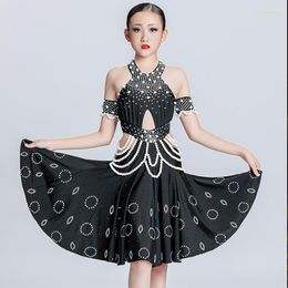 Stage Wear Girls Latin Dance Competition Dress Pearl Rhinestone Black Cha Tango Ballroom Costume Dancing BL9396
