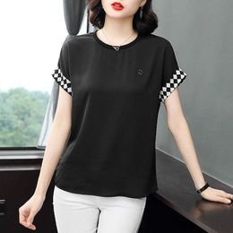 Women's T-Shirt Womens Tops Summer New Short Sleeve Loose O-Neck Plaid Embroidery Printing Casual Female Clothing Fashion Tee Shirt P230510