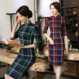 Ethnic Clothing Sheng Coco Woman Knitting Elastic Force Cotton Dress Cheongsam Plaid Vintage Lattice Knee Qipao Chinese Oriental Style