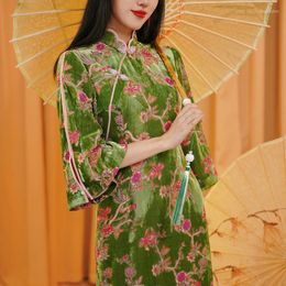Casual Dresses Simeizi Chinese Traditional Retro Green Dress For Women Cheomgsam 2023 Autumn And Winter Velvet Year's Qipao Party