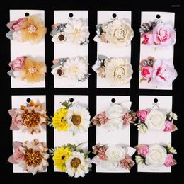 Hair Accessories 2pcs/set Kids Girls Simulation Flowers With Pearl Rhinestone Clip Barrettes Hairpin Cute Christmas Gift