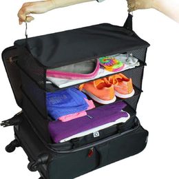 Storage Bags Foldable Luggage Organiser 3 Layers Polyester Travel Bag With Hanging Shelves Clothes Shoe Tidy Pouch