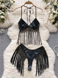 Two Piece Dress SINGREINY Summer PU Leather Beach Suits Women Halter Backless CamisMini Skirt Set Fashion Sexy Bikini Tassel Pieces Sets 230509