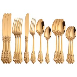 Vintage Western Gold Plated Cutlery 16pcs Dining Knives Forks Teaspoons Set Golden Luxury Dinnerware Engraving Tableware Set