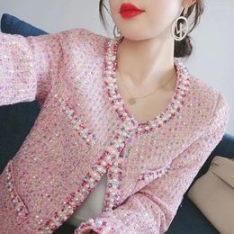 Women's Jackets 2023 Autumn Korean Tweed Women O-Neck Long Sleeve Casual Ladies Pink Woven Coat Beaded Decorate Elegant Female Outerwear