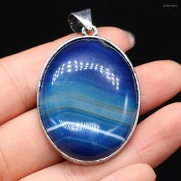 Pendant Necklaces Natural Agates Stone Pendants Oval Shape Silver Plated Blue Stripe For DIY Necklace Earrings Jewelry Making Crafts