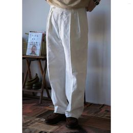 Men's Pants Second Order Cotton Linen Pleated Trousers White Men Informal Straight Fit