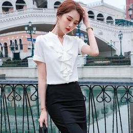 Women's Blouses Summer Fashion Women Shirts White Ruffles Short Sleeve Office Ladies Blouse And Tops OL Styles Work Wear