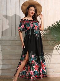 Plus size Dresses Finjani Size Women Tropical Print Off Shoulder Shirred Split Thigh Even Summer High Waist Sexy Maxi Robe 230510