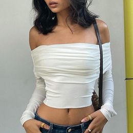 Womens TShirt Chic Women Sexy Off Shoulder Tshirt Spring Long Sleeve Slim Fit Crop Top Y2K Vintage Harajuku White Tees Elegant Female Clothes 230510