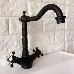 Kitchen Faucets Black Oil Rubbed Brass Double Handle Swivel Spout Taps Deck Mount Bathroom Sink And Cold Water Mixer Tap Dnf349