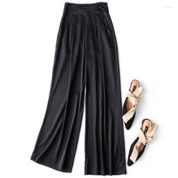 Women's Pants Women 93% Mulberry Silk 7% Spandax 19 Momme Loose Type Wide Leg Long Trousers With Pockets Navy Black M L XL MM570