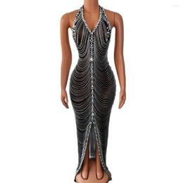 Stage Wear Sexy Black Sparkly Full Chains Silver Rhinestones Transparent Dress Evening Birthday Celebrate Costume Sleeveless Club