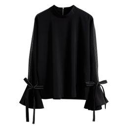 Women's Blouses Shirts HStar Bowtie Flare Sleeve Women Black female Elegant Zipper Chiffon Ladies Loose Blousas Tops 230510