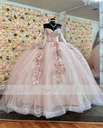 New Long Sleeve Lace Ball Gown Quinceanera Dresses 2023 With Pink Beaded Appliques Sweet 16 Dress Lace -up Vestido 15 Anos