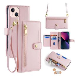 New Fashion Wallets Phone Cases for iphone 15 14 14Pro 14Plus 13 12 11 Xs XR 7 8 6 Plus Pro Max Lychee Leather Card Holder Pocket Smart Cellphone Hand Strap Bag