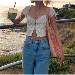 Women's T Shirts Sexy Square Neck Floral Print Corset Cropped Top Puff Sleeve Short Lace Tight Slim Streetwear Ladies Summer T-Shirt Tops