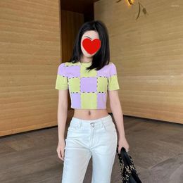 Women's Sweaters Sexy Crop Tops Fashion Women's Short T-shirt Color Matching Plaid Knit Sweater Tees Girly Sweet Slim O-neck Summer T