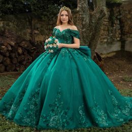 Green Hunter Ball Suknia Słodka 16 sukienek Quinceanera z ramion Ruffle Crystal haft haft koronkowy meksykański vestidos de 15 imprezowy zużycie